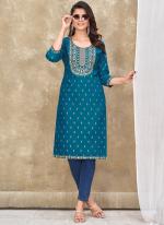 Magic Slub Sky Blue Festival Wear Foil Print Readymade Kurti